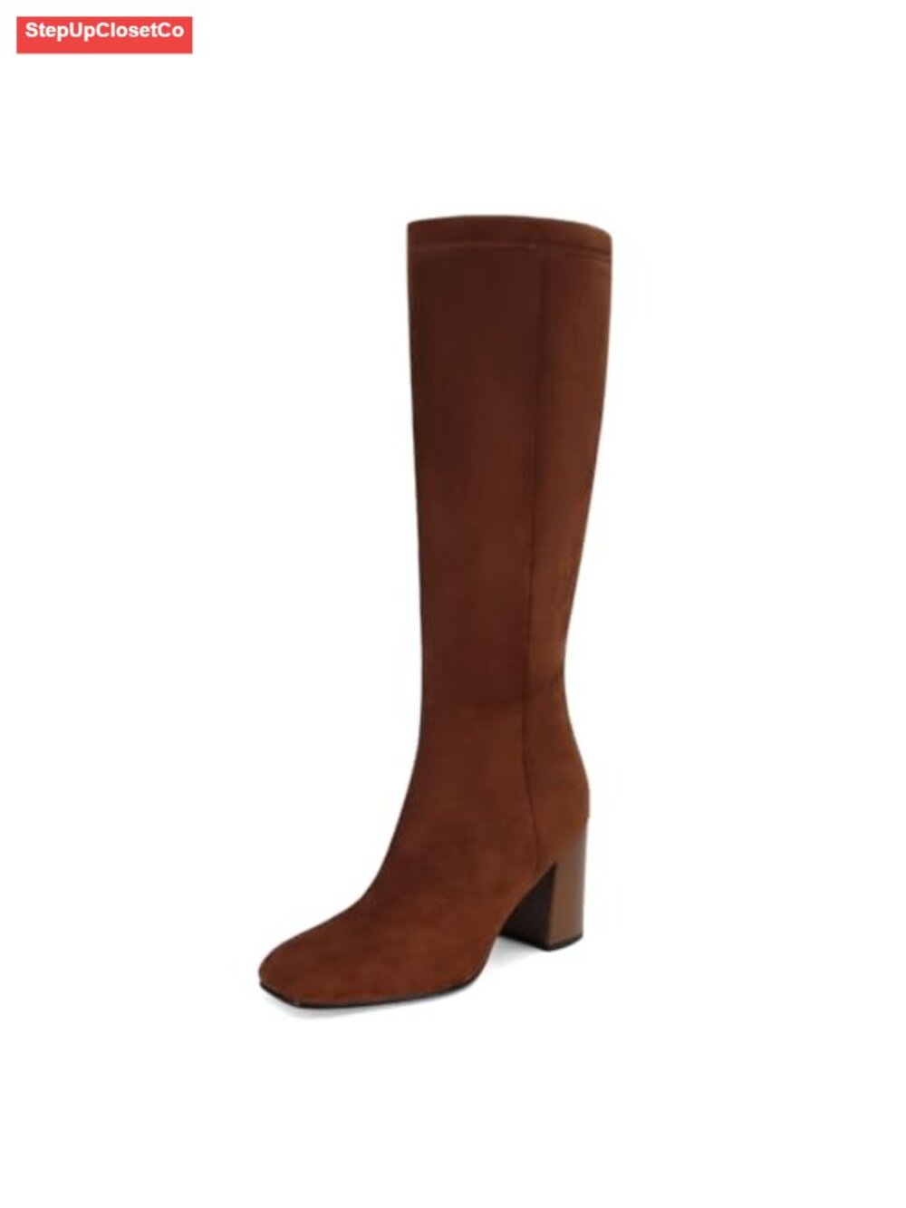 Faux Leather Suede Knee-High Boots Square Toe Chunky Heel Side Zip